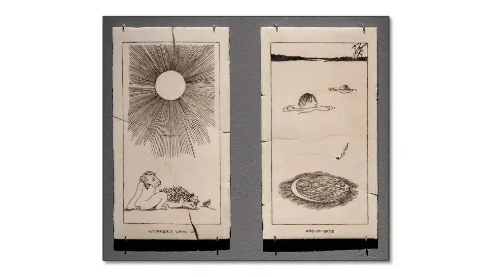“End-of-Days and Workers Wake Up” installation view