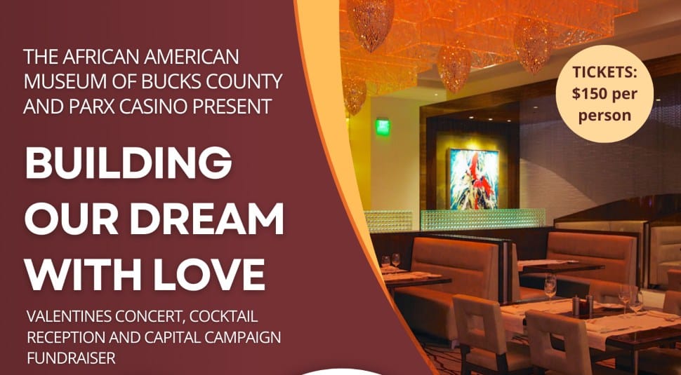 A flyer promoting a Valentine's Day-themed musical tribute fundraiser for the African American Museum of Bucks County.