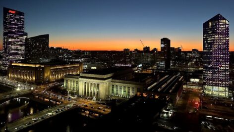Aerial view of 30th Street Station looking west