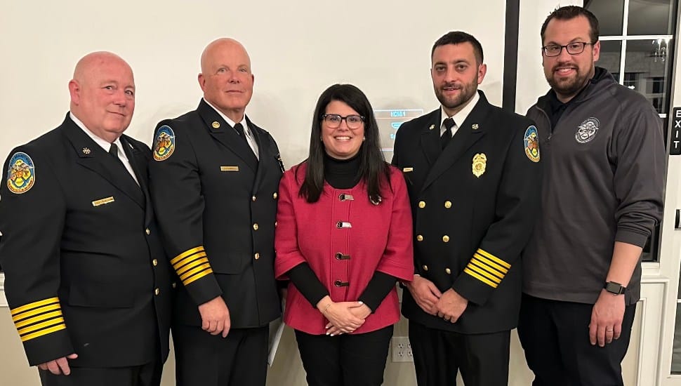 Freedom Village at Brandywine presented a donation to the East Brandywine Fire Company during its officer installation ceremony. Present were (from left) Joe Edwards, John Edwards, President of East Brandywine Fire Company, Danielle Geyer, Executive Director of Freedom Village at Brandywine, Vince D'Amico, Fire Chief of East Brandywine Fire Company, and Ken Ader.