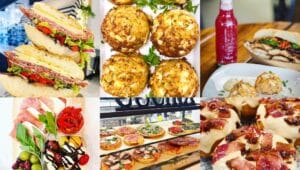 collage of sandwiches, pastries, focaccia bread, and salad from Mercatino Italiano