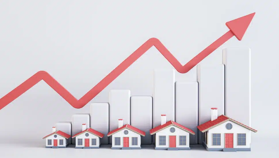 3D rendered homes over a bar graph and upward arrow