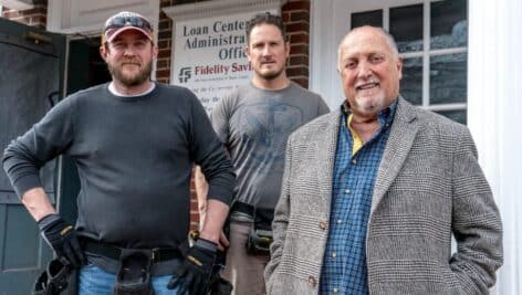 Mike Lafferty (left) with brother-in-law Bernie Mazzocchi and father in law Bernie Mazzocchi (right) in front of the old building in Bristol Borough that will be renovated into a boutique hotel.