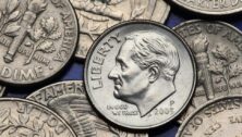 Franklin D. Roosevelt depicted on the US dime coin. As many as 150,000 dimes released in 1982 by the U.S. Mint in Philadelphia without a mint mark could be worth thousands of dollars.