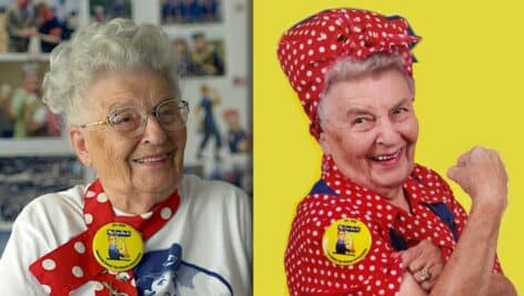 A side-by-side photo of Mae Krier in the documentary about her and her posing as Rosie the Riveter in a professional photo