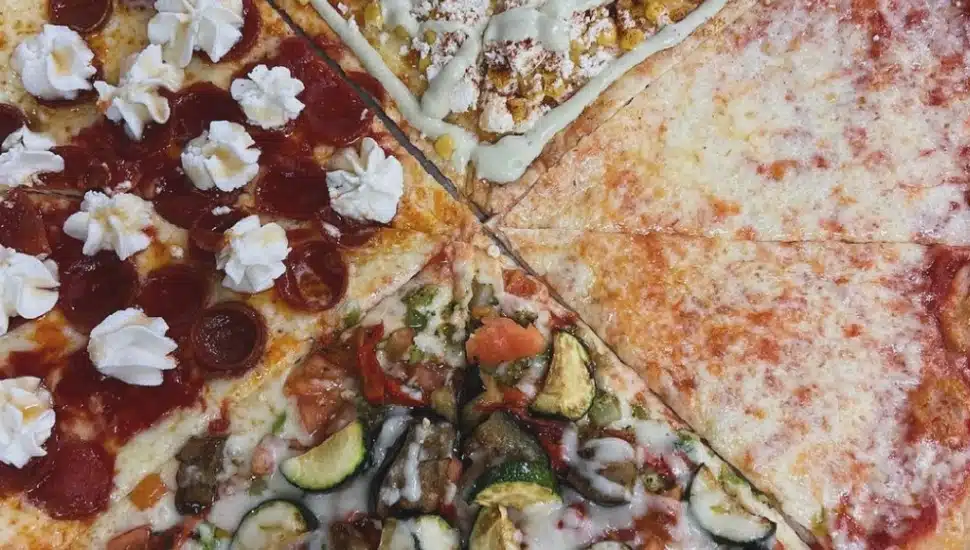 different slices of pizza in a pie