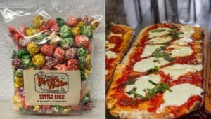 A photo of a bag of Great American gourmet popcorn on the left and a photo of coal-fired margherita pizza with melted mozzarella