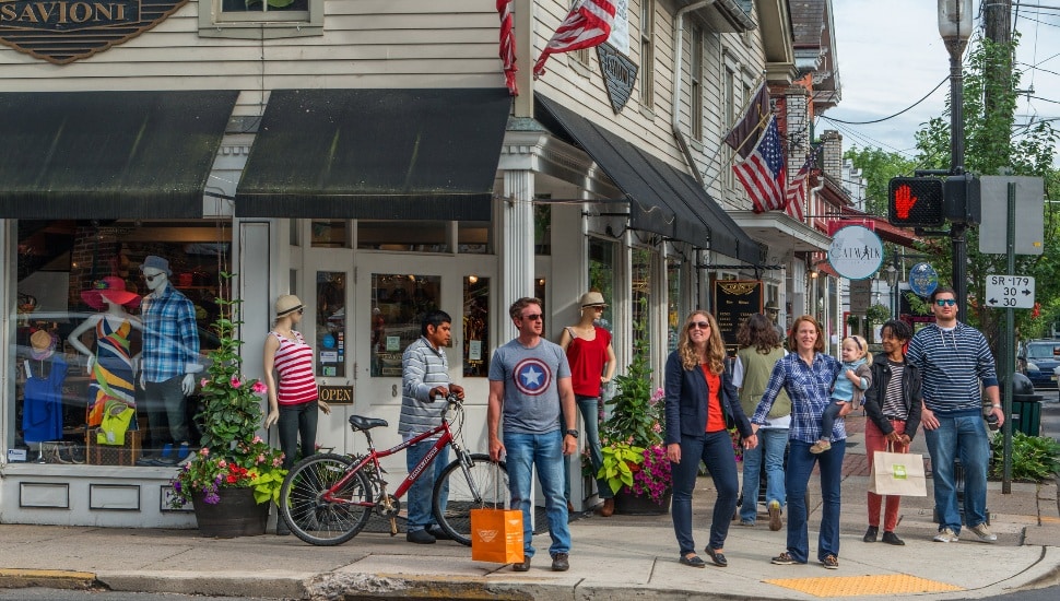 shoppers on sidewalk in New Hope