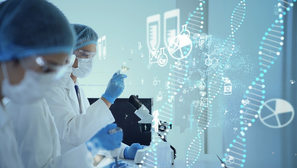 two people in labcoats and goggles in lab looking at microscopes and tubes with digital renderings of DNA and tubes overlayed