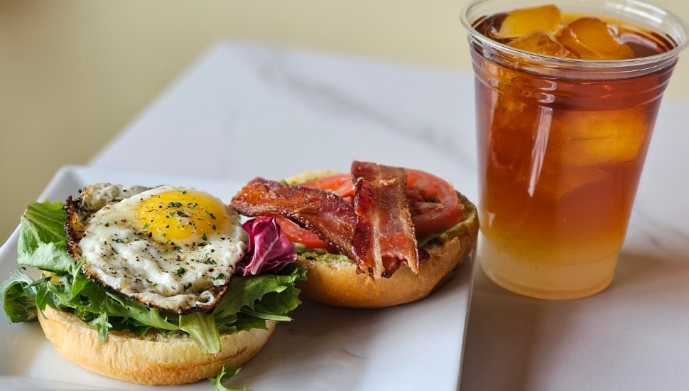 Aurora Bistro breakfast sandwich and iced coffee