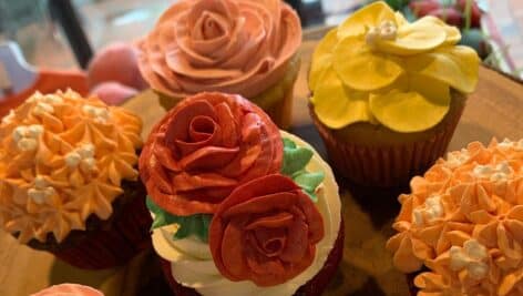 Aerial view of floral cupcakes