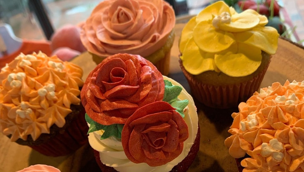 Aerial view of floral cupcakes