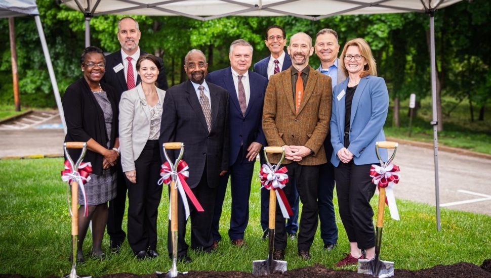 People from Eastern University celebrating the groundbreaking of Templeton Hall on May 10.