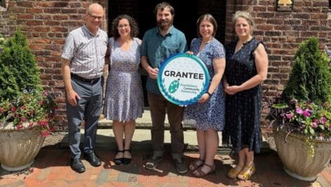 Members of the Heritage Conservancy team accepting a grant in front of historic Aldie Mansion in Doylestown. From left to right: President and CEO Bill Kunze, Development Director Katie Paone-Kulp, Grants Manager Joe Ganguzza, Community Engagement Programs Manager Shannon Fredebaugh-Siller, and Vice President Kris Kern.