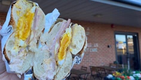 inside of bagels in front of restaurant