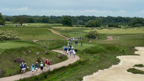 An overhead view of golfers/participants at the 2024 Paoli Hospital Golf Classic.