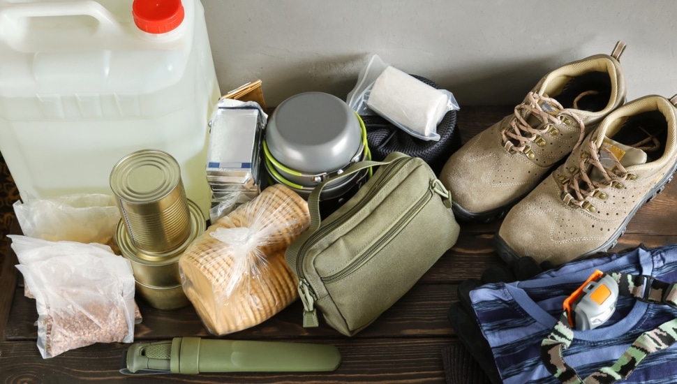 Set of long-term storage food and necessary objects for emergency situations and evacuation.