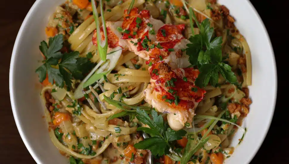 overhead photo of pasta dish topped with protein and leaves