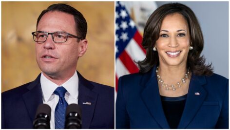 Josh Shapiro speaking at a podium, and Kamala Harris smiling looking toward the camera.