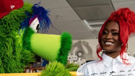 Tierra Whack with the Phillie Phanatic at NPR Tiny Desk performance.