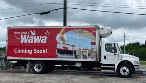 A truck promotes Wawa's pending arrival at a groundbreaking outside Lexington, Kentucky, in June 2024.