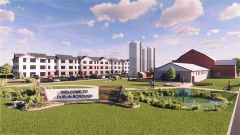 rendering of new housing developments proposed in Dublin PA alongside silos and barn