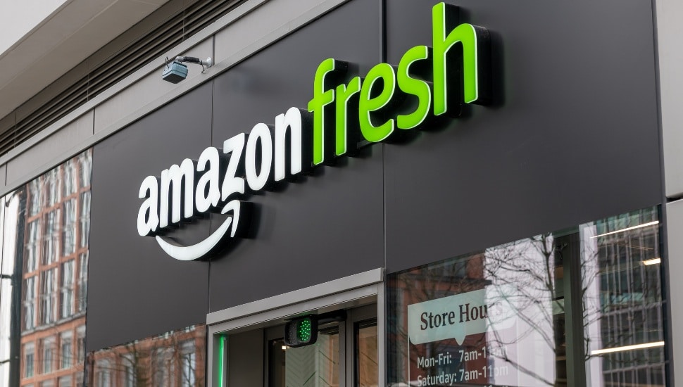 The name sign and frontage of the branch of Amazon Fresh grocery store in Canary Wharf.