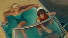 Music video screenshot of sabrina caroenter in a pool inside of a convertible with man driving Espresso music video