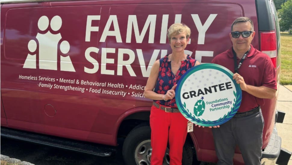 Family Service Association of Bucks County CEO Julie Dees and Grants and Communications Manager Brian Treanor accept a Capital Improvement Grant on behalf of the Bucks County-based nonprofit.