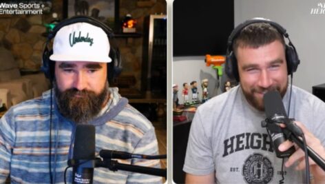 Jason Kelce appears with brother Travis Kelce on a recent episode of the New Heights podcast.