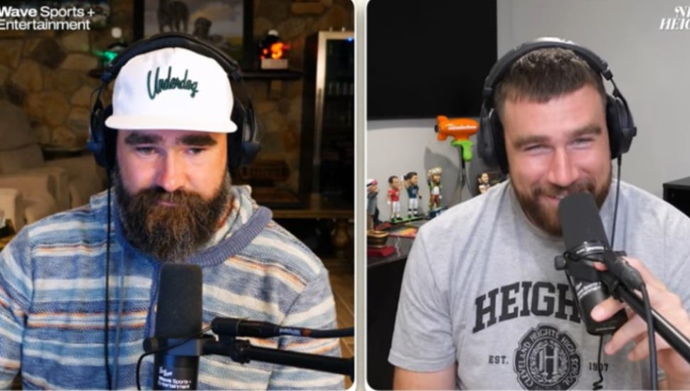 Jason Kelce appears with brother Travis Kelce on a recent episode of the New Heights podcast.