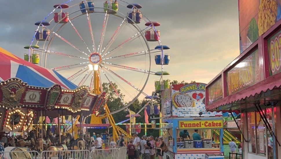 Middletown Grange fair amusement park, carosel, ferris wheel, funnel cake stand