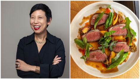 Ellen Yin (left), and a plate of duck breast, roasted stone fruit, shishito pepper, dandelion greens, tamarind.