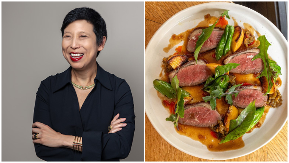 Ellen Yin (left), and a plate of duck breast, roasted stone fruit, shishito pepper, dandelion greens, tamarind.