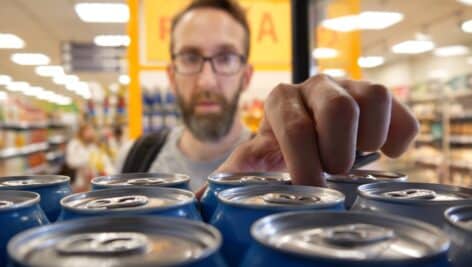 Man pulling cans off a supermarket shelf