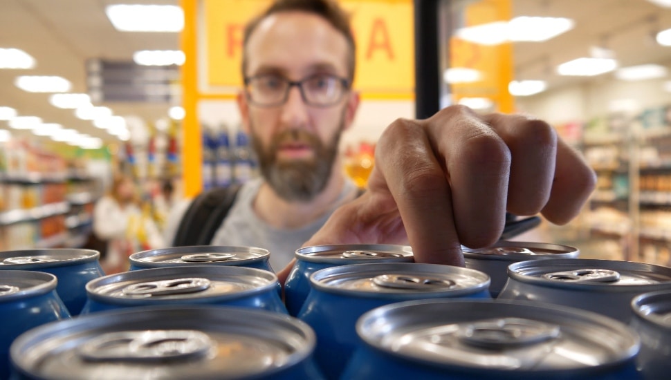 Man pulling cans off a supermarket shelf