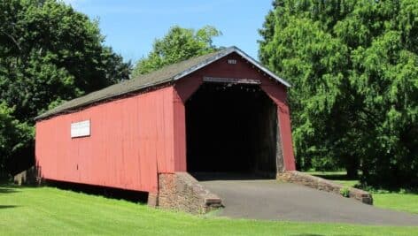 The relocated South Perkasie Covered Bridge in Lenape Park before Hurricane Ida swept through.