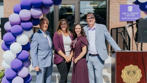 Harcum College President Dr. Jon Jay DeTemple at left is joined by the creative program directors at the ribbon cutting of a new on-campus Art & Design Center (left to right): Jennifer Jarden, Interior Design; Amy Pendola Cotto, Fashion Programs; and Ed Zawora; Graphic Design