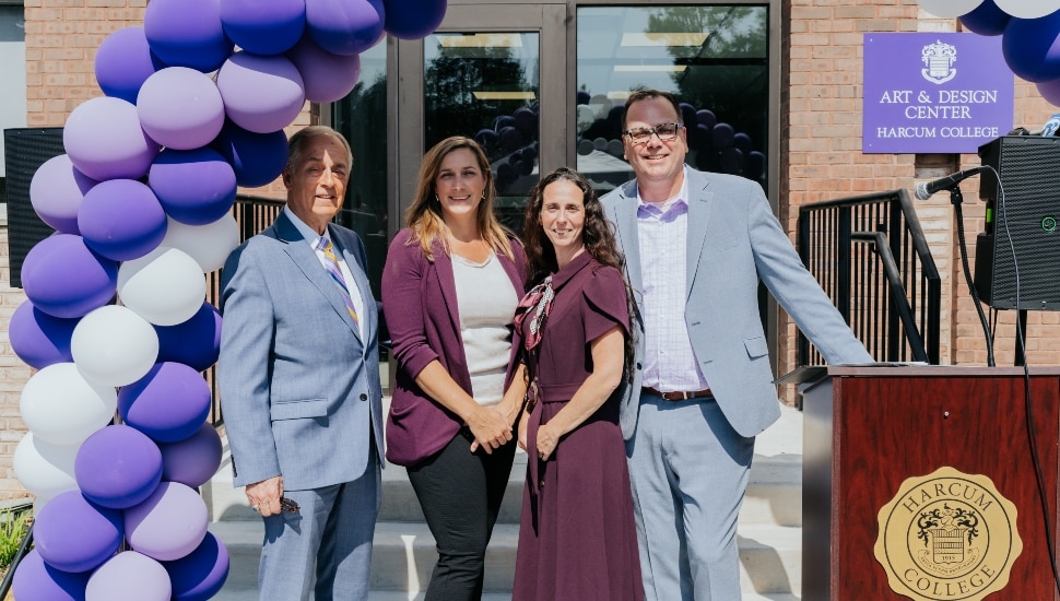 Harcum College President Dr. Jon Jay DeTemple at left is joined by the creative program directors at the ribbon cutting of a new on-campus Art & Design Center (left to right): Jennifer Jarden, Interior Design; Amy Pendola Cotto, Fashion Programs; and Ed Zawora; Graphic Design