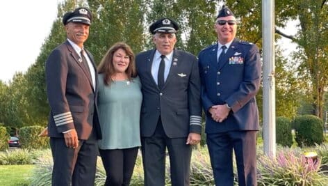 From left, Steven Verdi, Ellen Saracini, Peter Maniscalco, and Sam Irvin at the Garden of Reflection Tribute Flag ceremony, Sept. 10, 2021, in Bucks County.