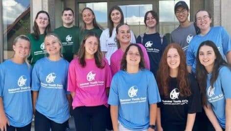 Summer Youth Corps participants are (from left, back row) Samantha Rosinski, Supervisor Patrick Reynolds, Ava Musolino, Natalie Biedermann, Alan Bai, and Grace King. (Front row): Katherine Hanlon, Kassidy Shaw, Sydney White, Katharine Catalano, Nina Harris, and Jennifer Ackert.