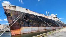 The SS United States sits rusting in its South Philadelphia berth.