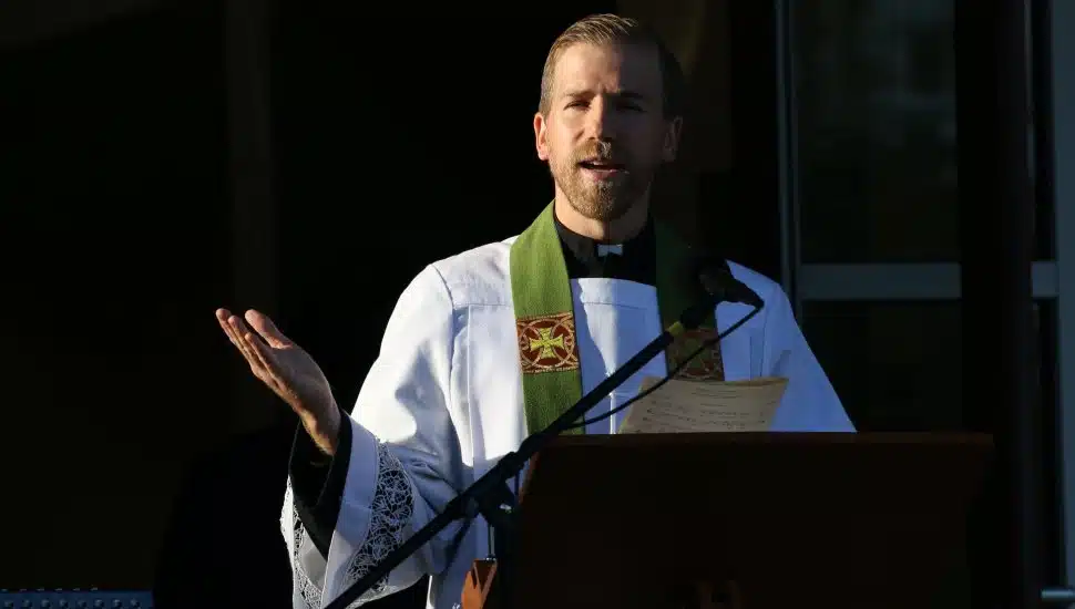 Pastor Thomas Rusert preaches a sermon.