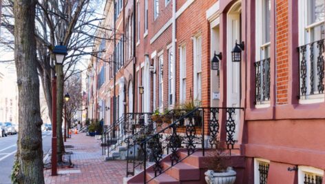 Rows of brownstone apartment buildings.