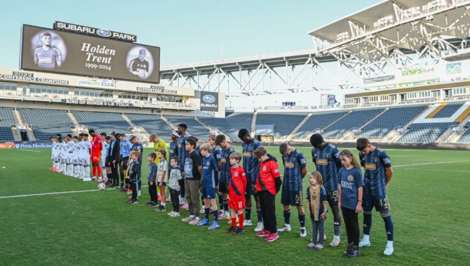 Players for the Philadelphia Union II and Crown Legacy FC honor the memory of goalkeeper Holden Trent