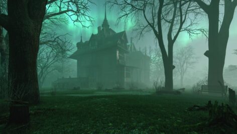 An eerie mansion bathed in green light.