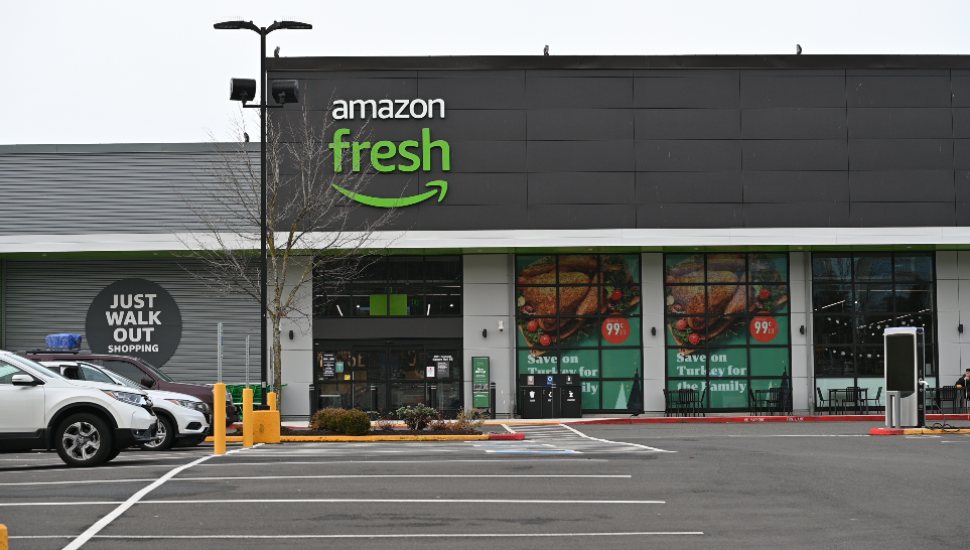 Amazon Fresh store with green-white sign