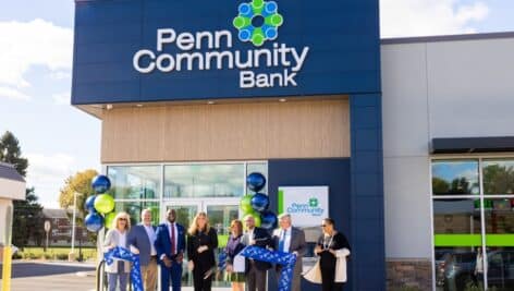 L-R: Cheri Freeh, Penn Community Bank Board of Directors; Steve Murphy, Chief Banking Officer; Bernard Tynes, Chief Experience & Impact Officer; Paige Nicolas, Vice President of Major Events – Greater Lehigh Valley Chamber; Jeane M. Vidoni, President & CEO; Jake Iampietro, Director of Retail Banking; Charles Field, Chief Financial Officer; Kelly Finch Mobley, Penn Community Bank Board of Directors.