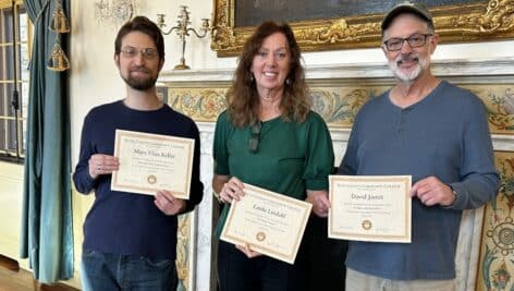 Marc Elias Keller (left), Linda Lindahl (center), and David Jarret (right) with certificates.