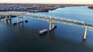 Aerial view of a bridge over the Delaware River.